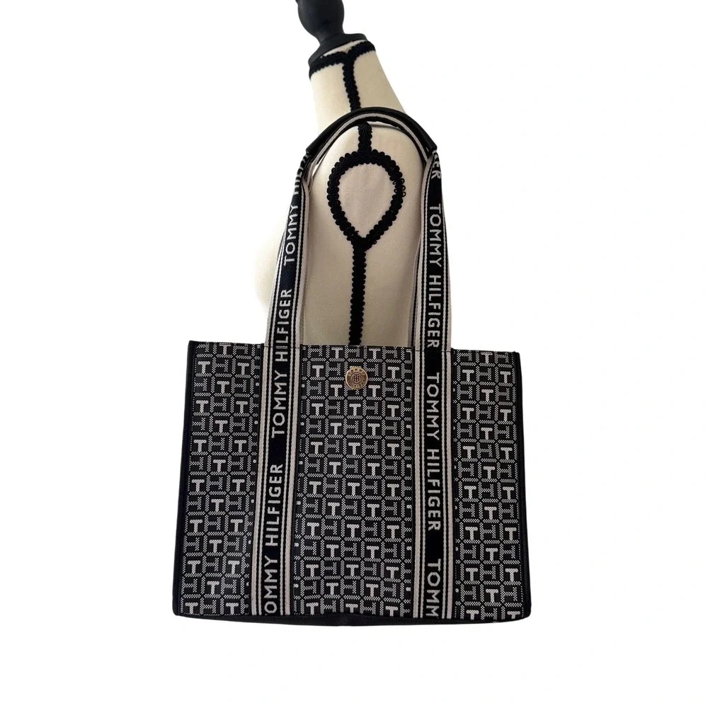 Tommy Hilfiger Monogram Jacquard Tote Bag Navy White Logo Strap Shoulder Bag
